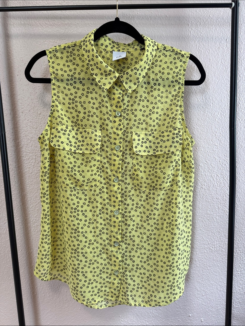 CAbi Yellow Sleeveless Button-Front Blouse with Black Floral Print